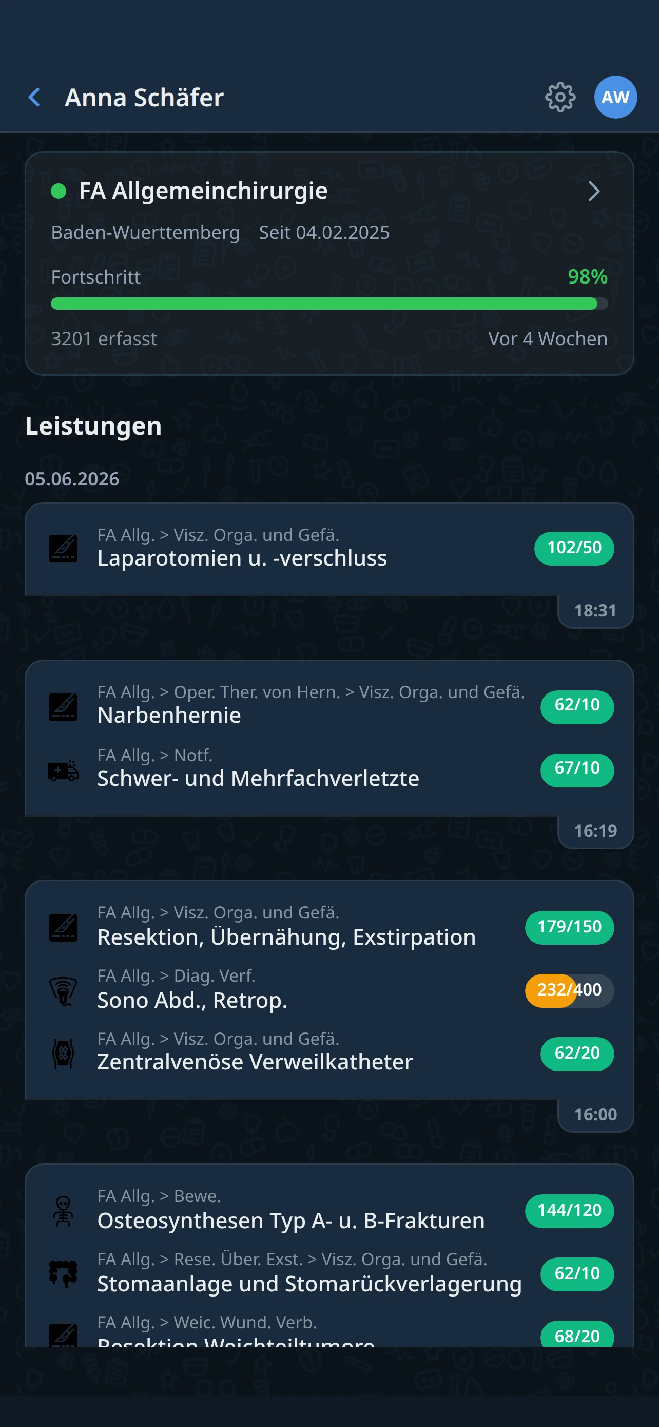 WDoku Weiterbilder-Bereich: Katalogstände einer betreuten Ärztin