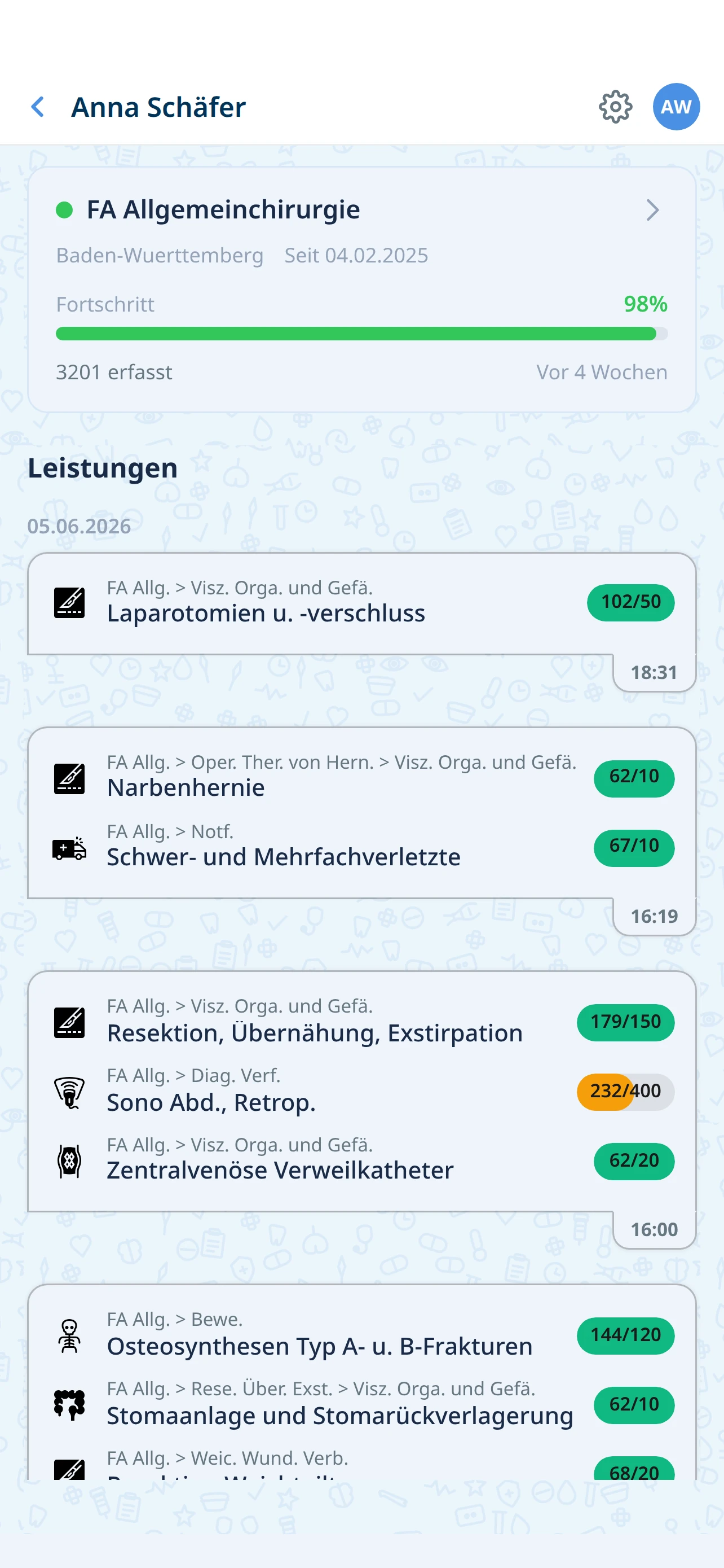 WDoku Weiterbilder-Bereich: Katalogstände einer betreuten Ärztin
