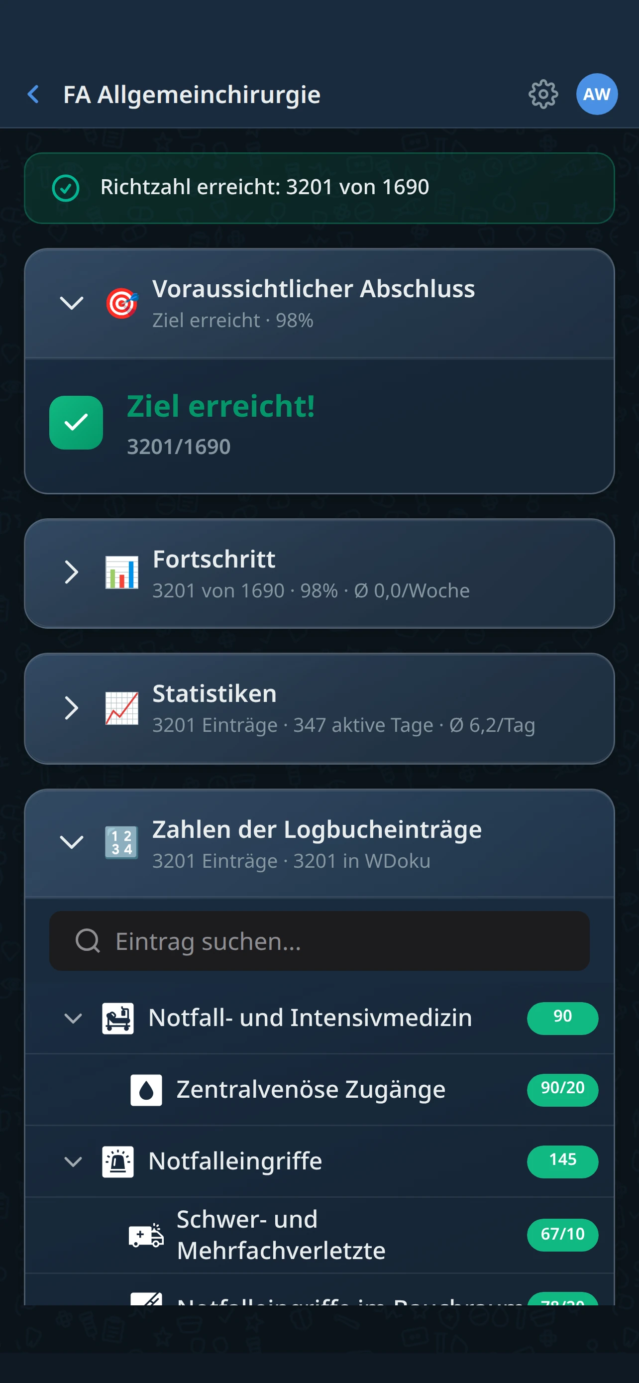 WDoku Weiterbilder-Bereich: einzelner Logbucheintrag mit zugehörigen Leistungen