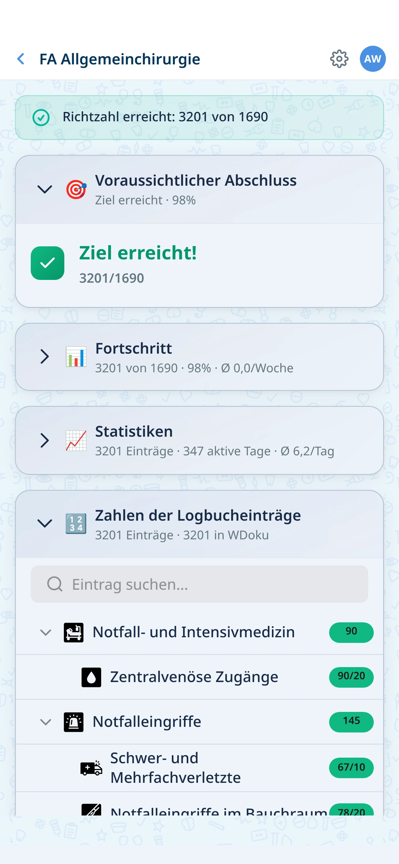 WDoku Weiterbilder-Bereich: einzelner Logbucheintrag mit zugehörigen Leistungen