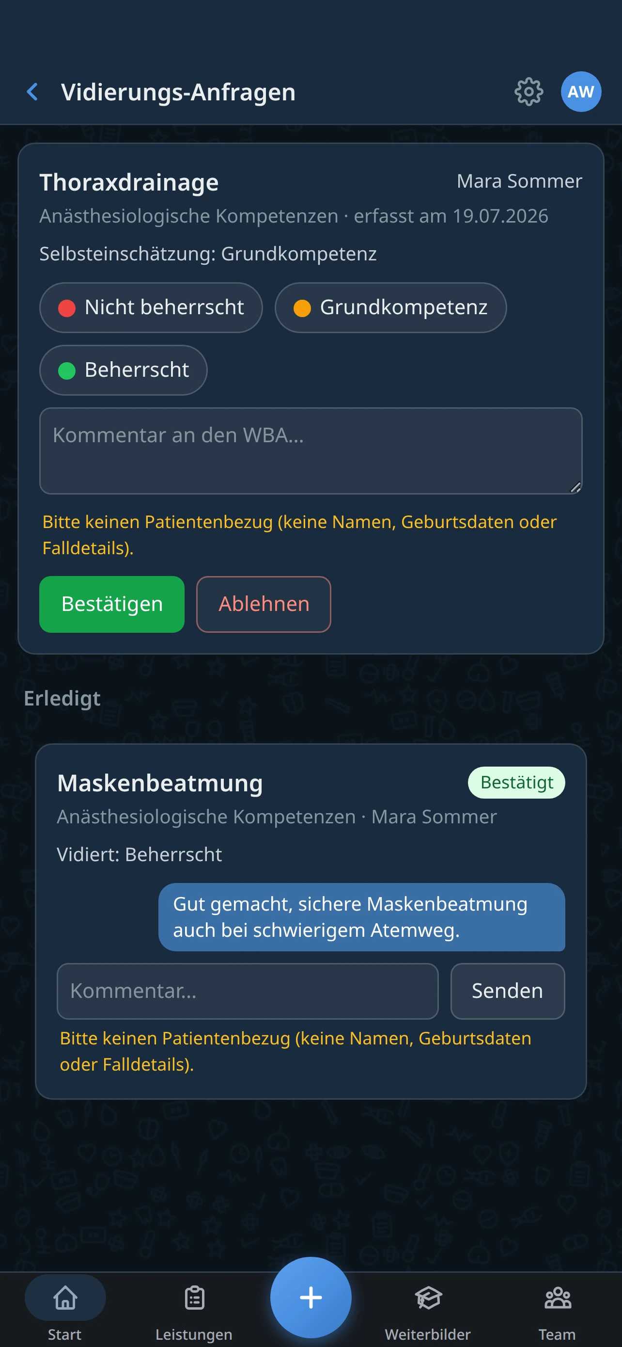 Vidierungs-Inbox mit offener Kompetenz-Anfrage, Skala und Kommentarfeld