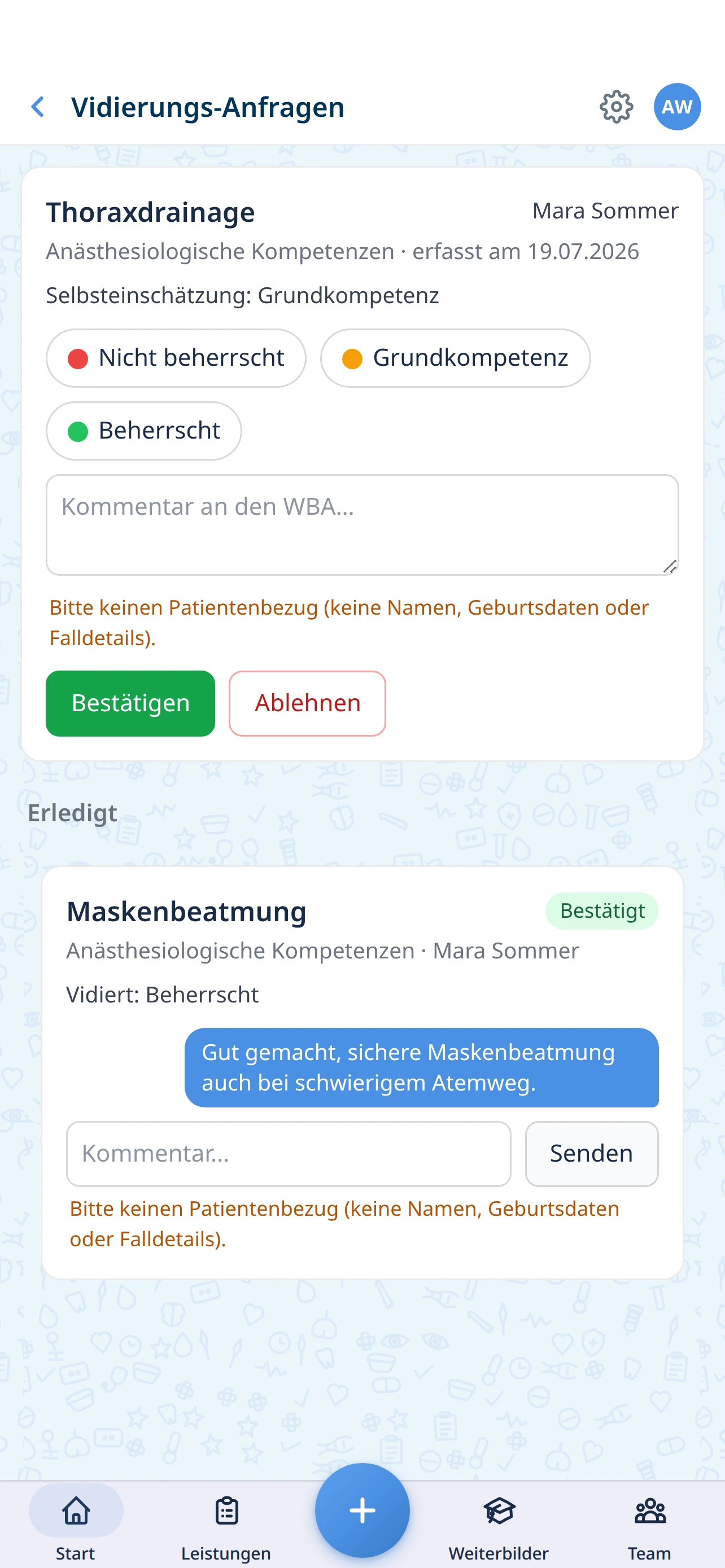 Vidierungs-Inbox mit offener Kompetenz-Anfrage, Skala und Kommentarfeld