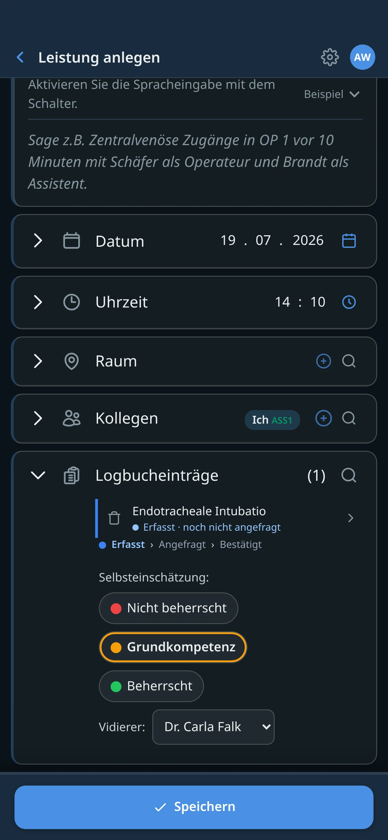 Leistung anlegen mit Selbsteinschätzung und Vidierer-Auswahl im selben Schritt