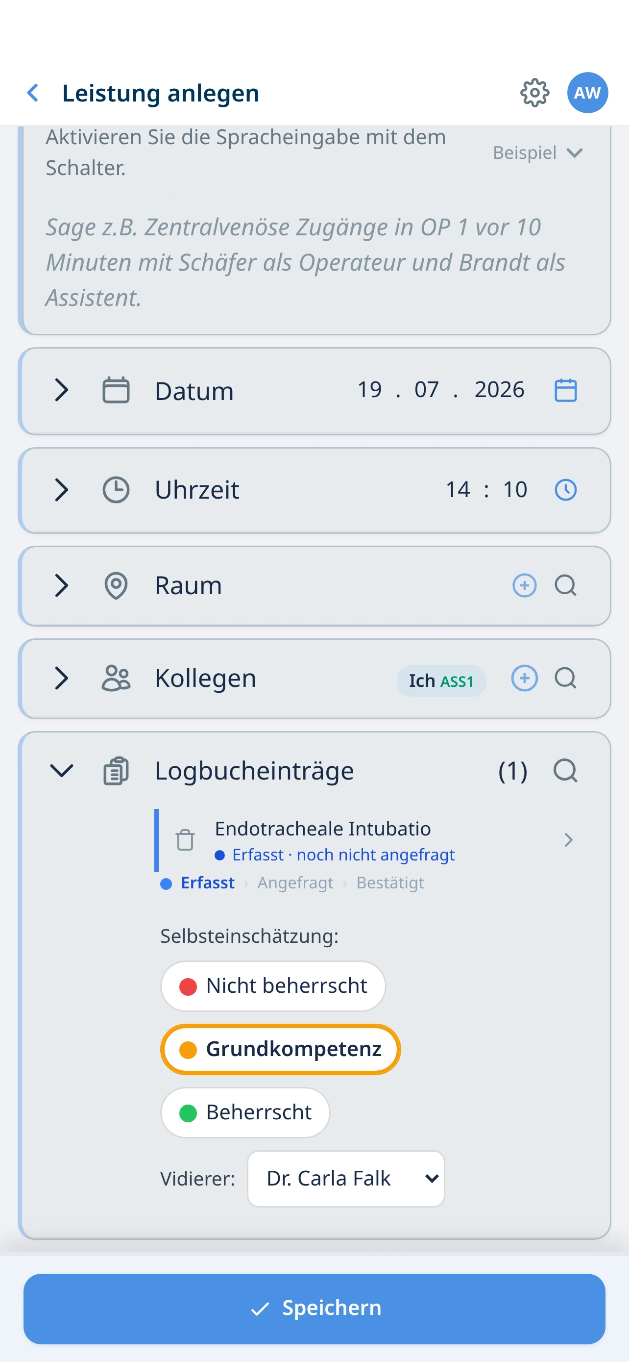 Leistung anlegen mit Selbsteinschätzung und Vidierer-Auswahl im selben Schritt