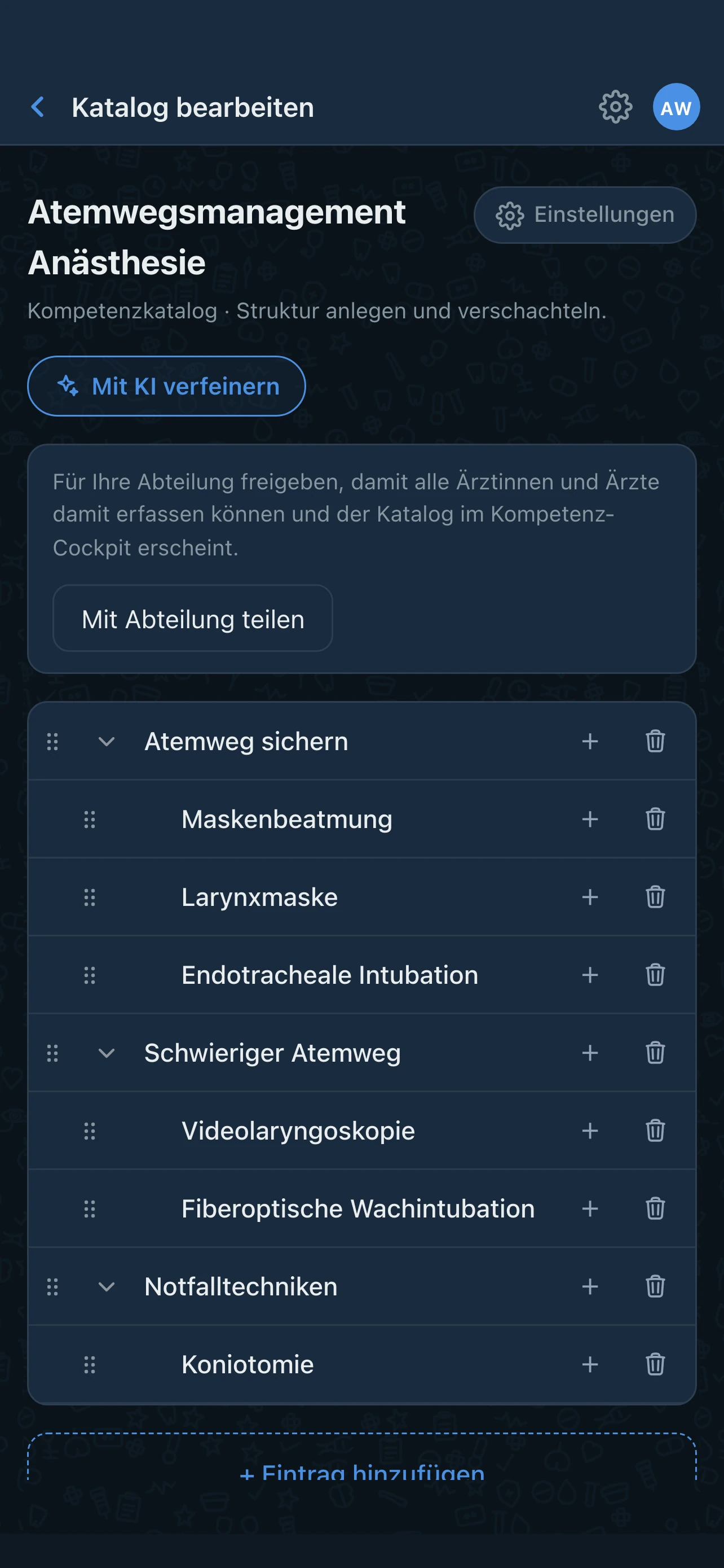 WDoku Katalog bearbeiten: verschachtelter Baum mit Einträgen, Schaltflächen zum Hinzufügen und Löschen und der Option, ihn mit der Abteilung zu teilen