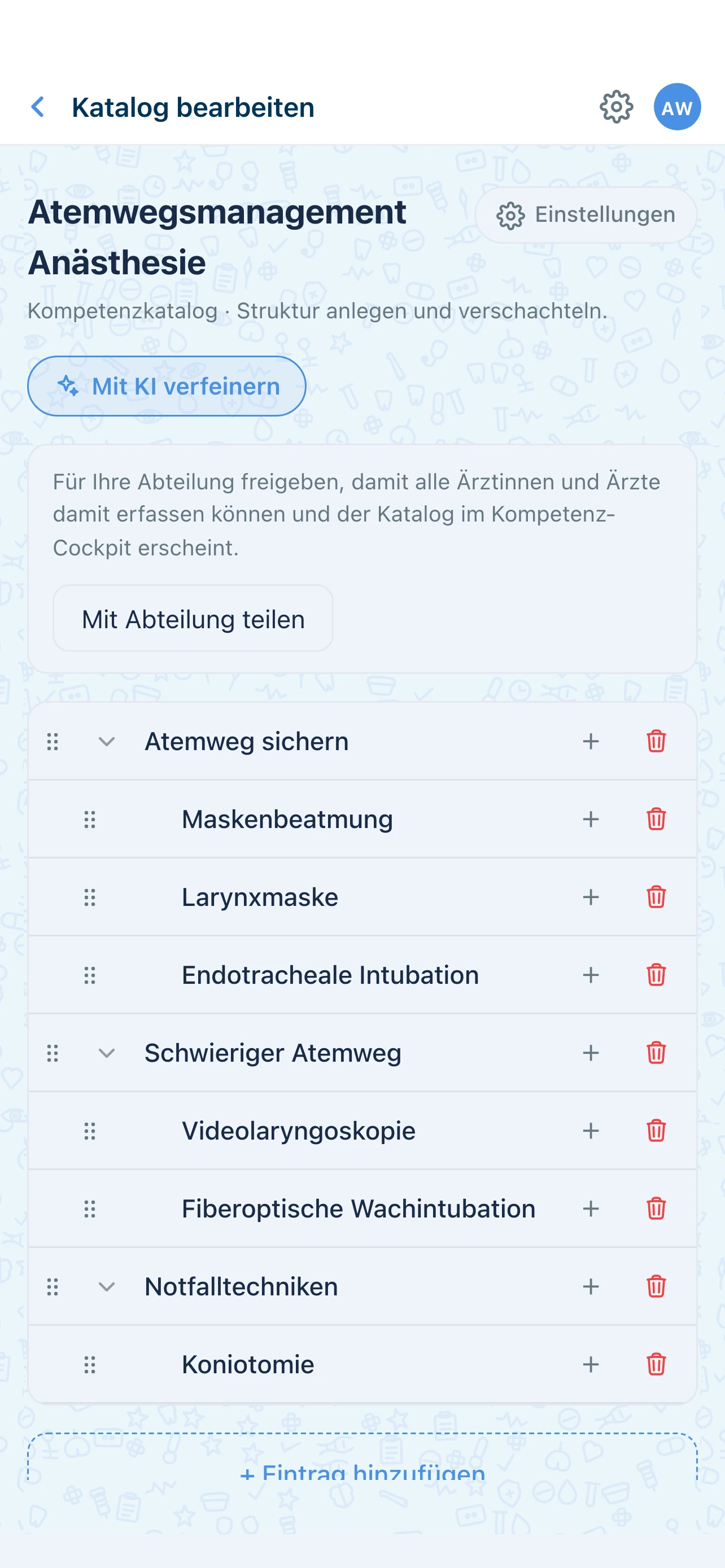 WDoku Katalog bearbeiten: verschachtelter Baum mit Einträgen, Schaltflächen zum Hinzufügen und Löschen und der Option, ihn mit der Abteilung zu teilen