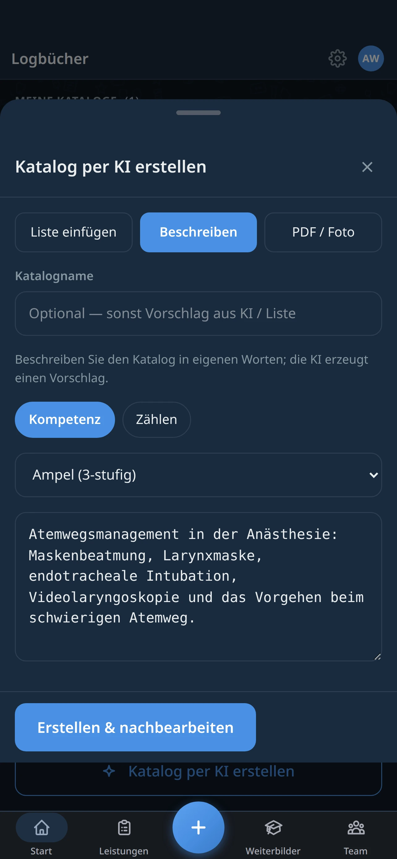 Katalog per KI erstellen: Beschreibung eingeben, Typ Kompetenz und Skala wählen