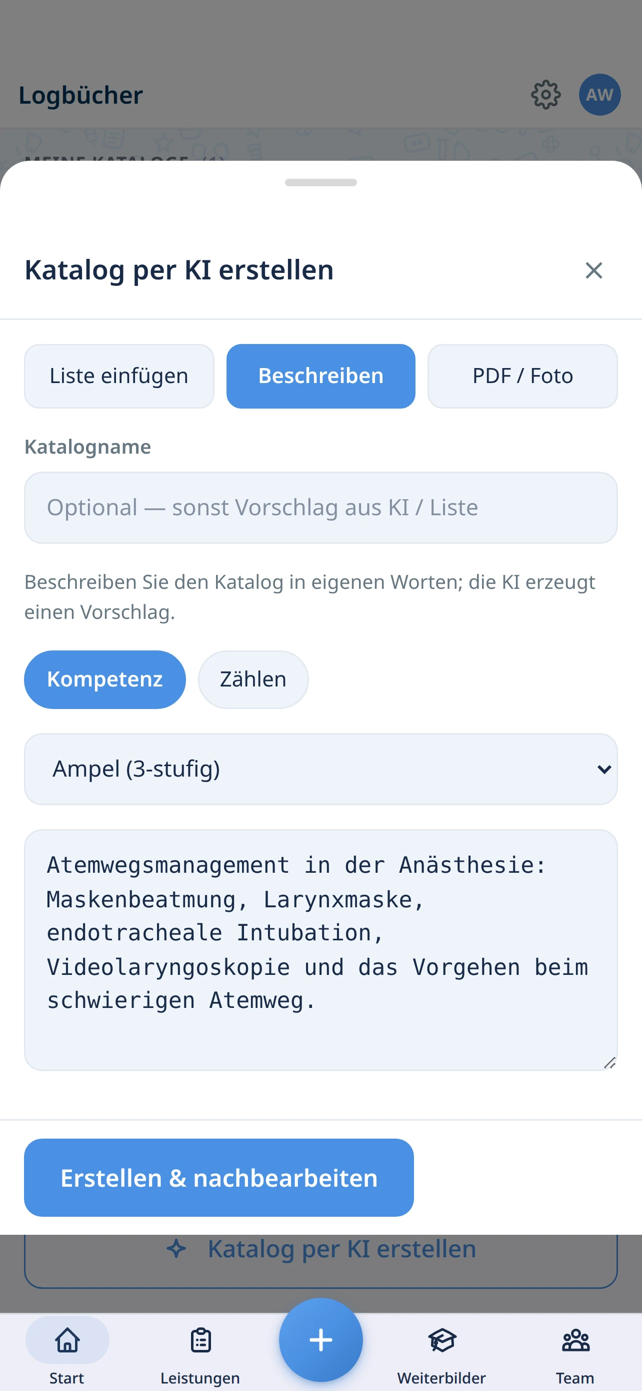 Katalog per KI erstellen: Beschreibung eingeben, Typ Kompetenz und Skala wählen