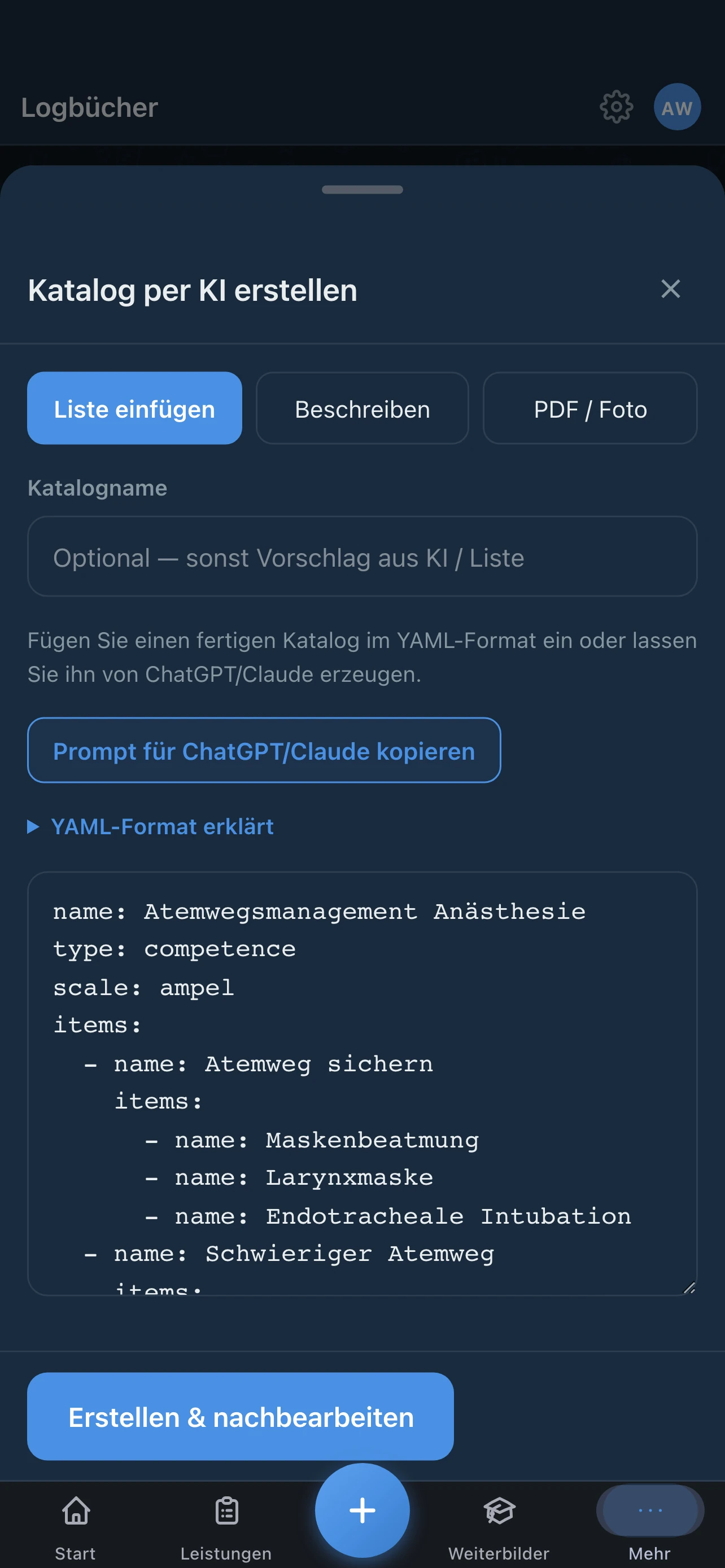 WDoku Katalog per Liste einfügen: YAML-Feld, Schaltfläche zum Kopieren eines Prompts für ChatGPT oder Claude