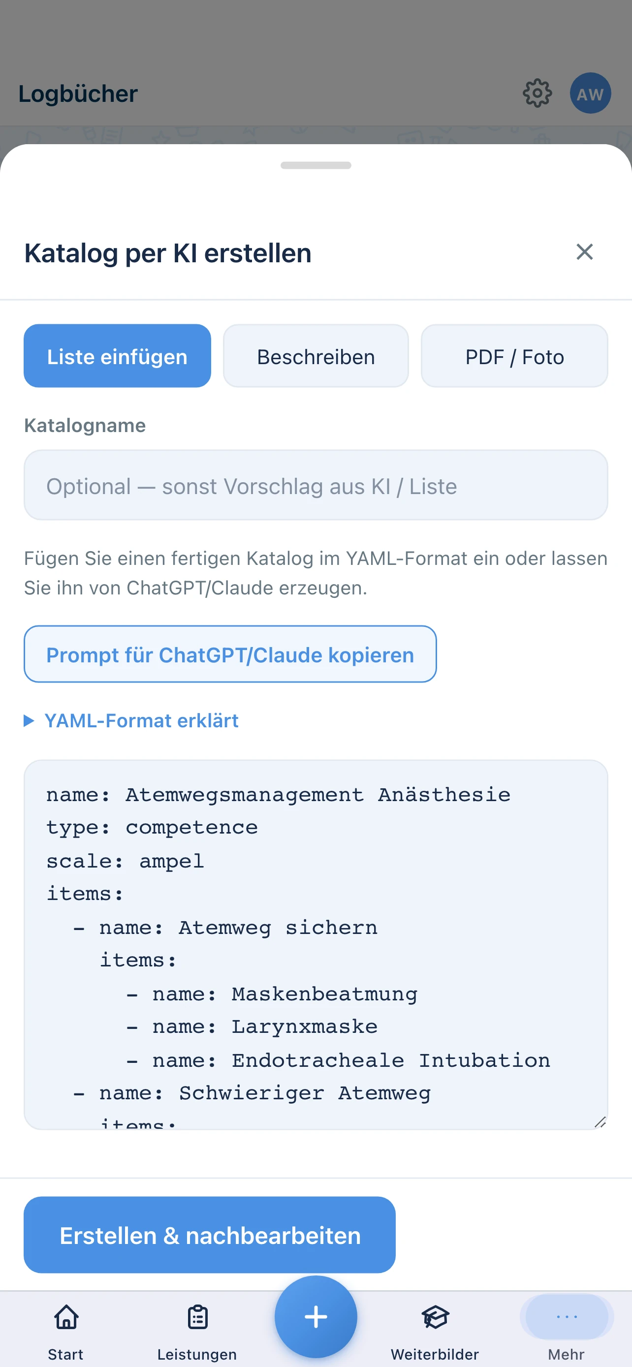 WDoku Katalog per Liste einfügen: YAML-Feld, Schaltfläche zum Kopieren eines Prompts für ChatGPT oder Claude