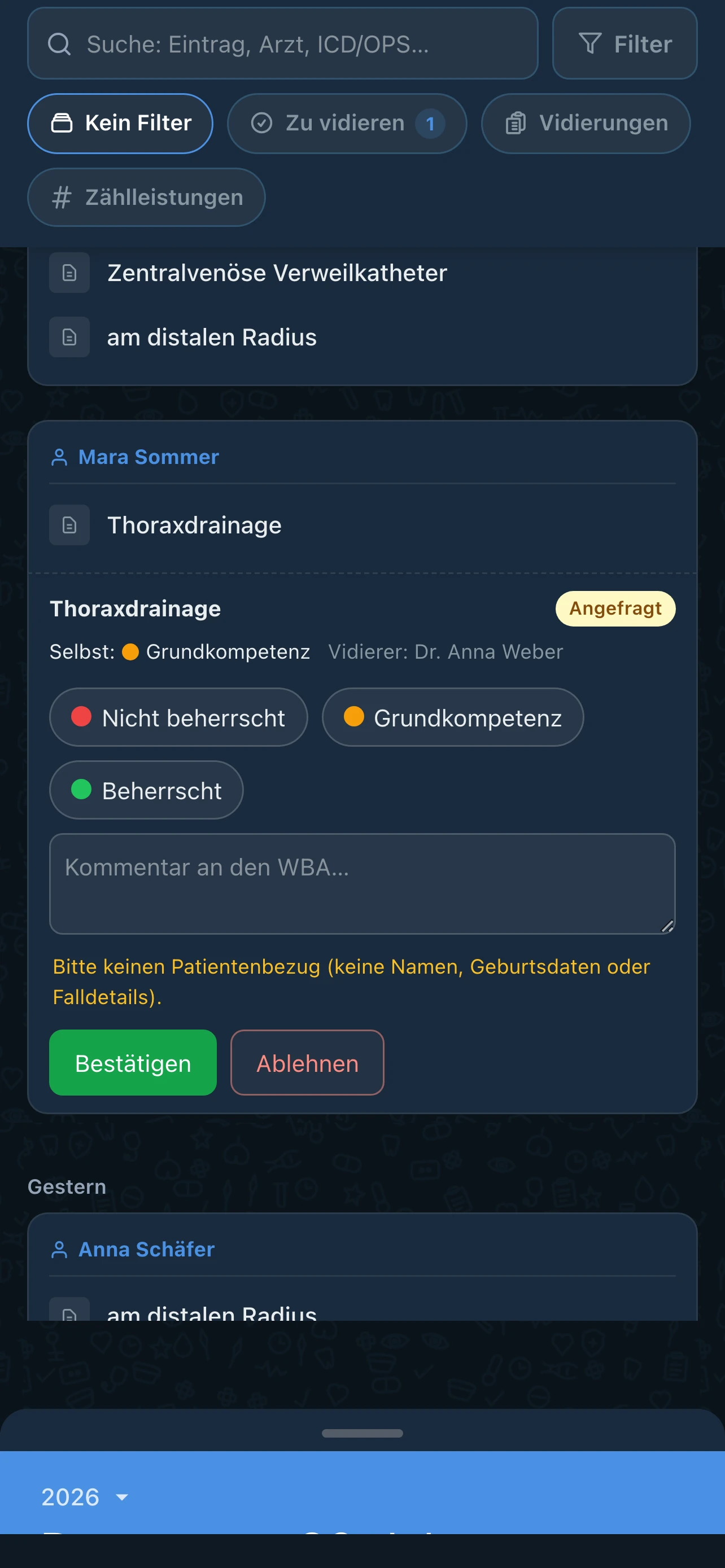 WDoku Leistungen des Teams: offene Vidierung mit dreistufiger Ampel-Skala und Kommentarfeld