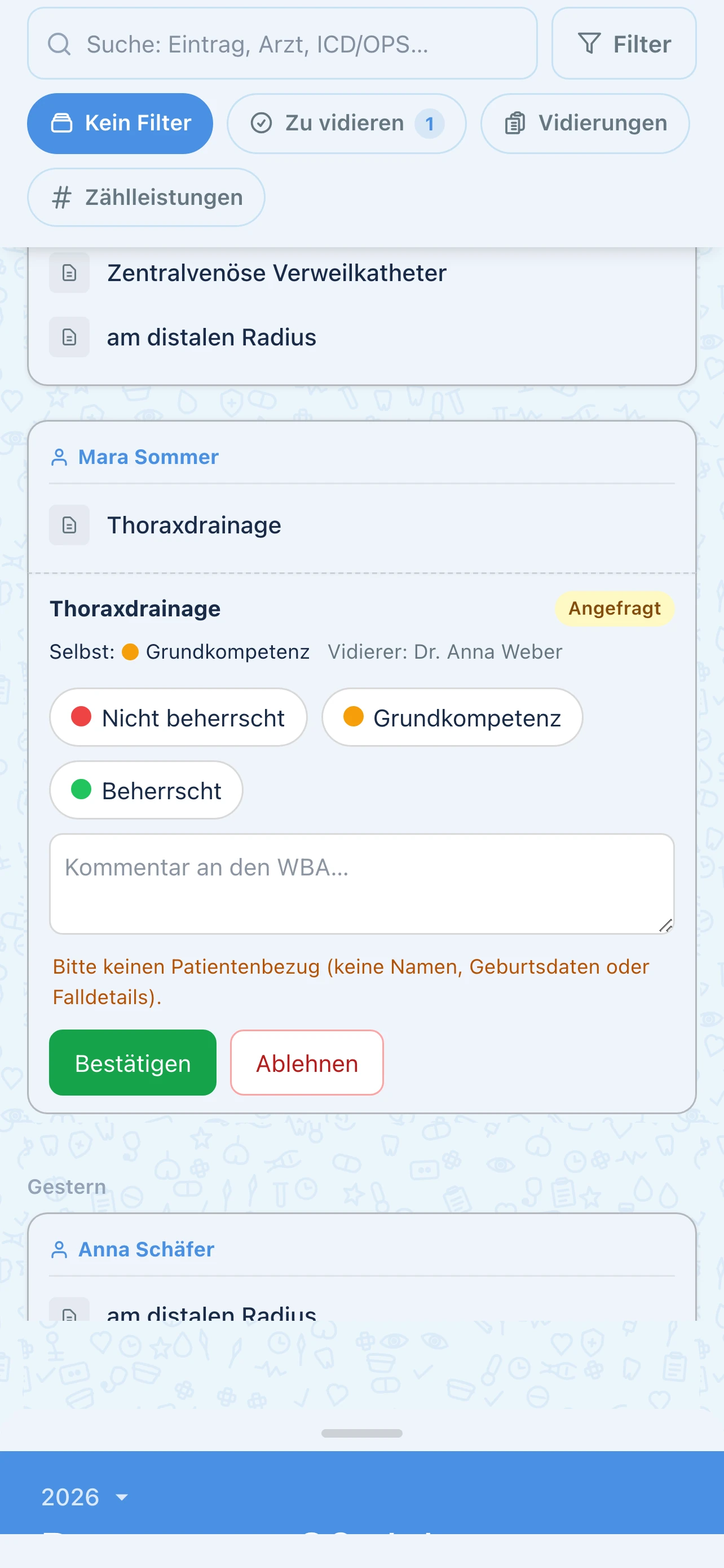 WDoku Leistungen des Teams: offene Vidierung mit dreistufiger Ampel-Skala und Kommentarfeld