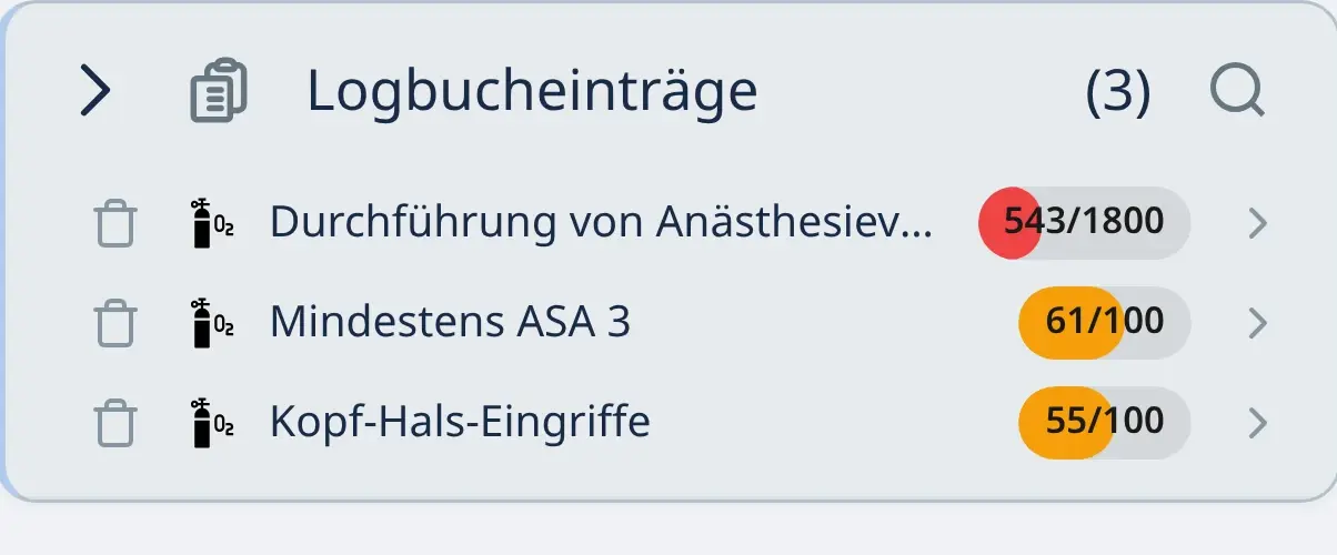 Erfassungsformular der WDoku App mit drei ausgewählten Logbuchpositionen einer Anästhesie