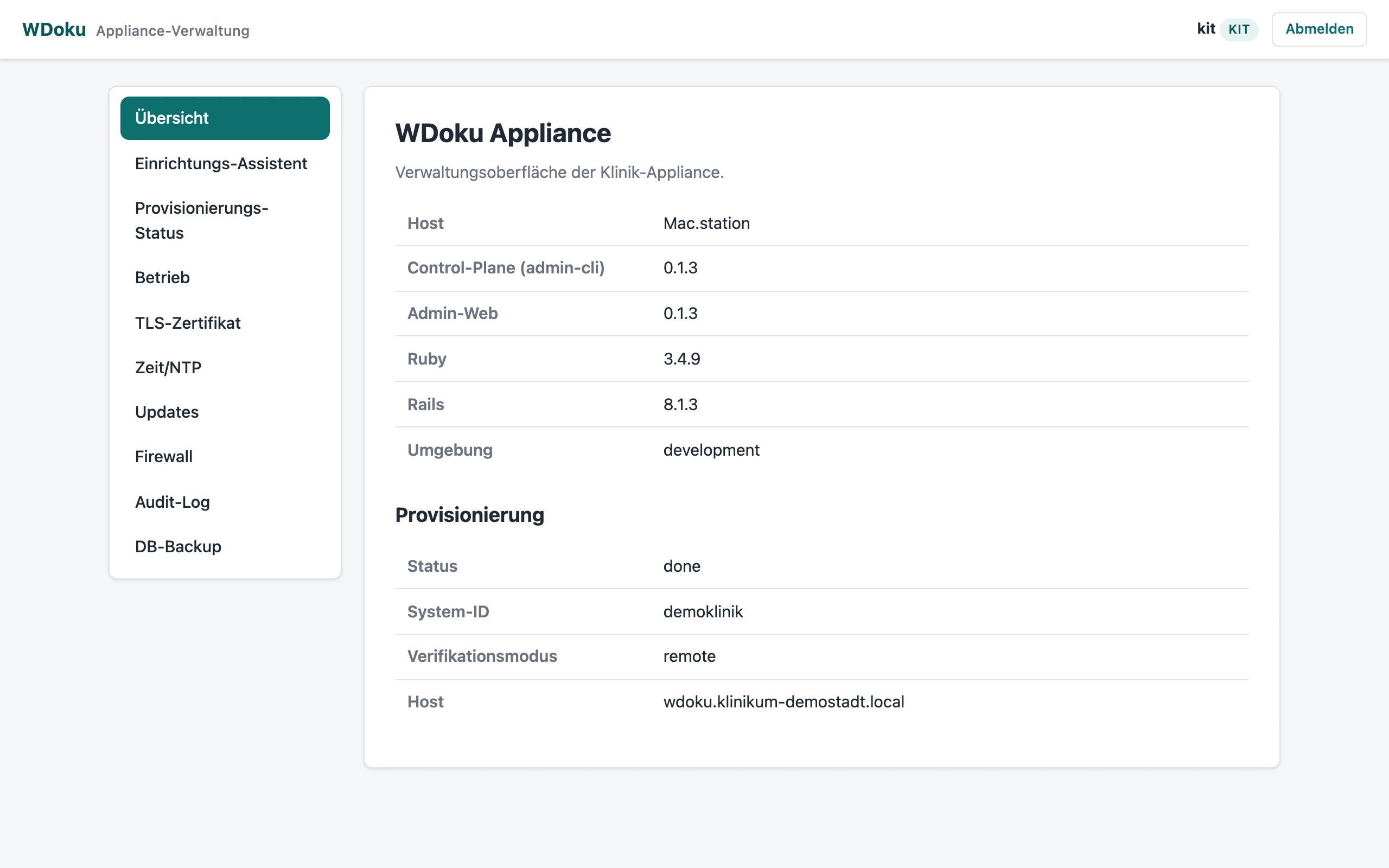 Übersichtsseite der Appliance-Verwaltung mit Versionen, Host und Zustand der Provisionierung