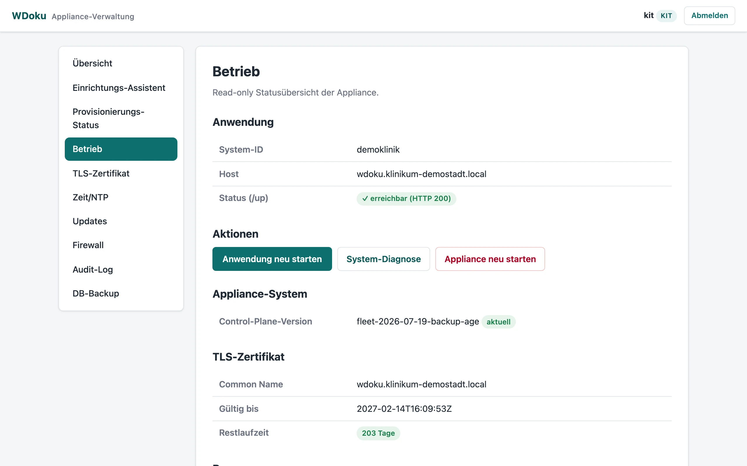 Betriebs-Dashboard des Admin-Web: Anwendungsstatus, Appliance-System, TLS-Zertifikat mit Restlaufzeit und Ressourcen