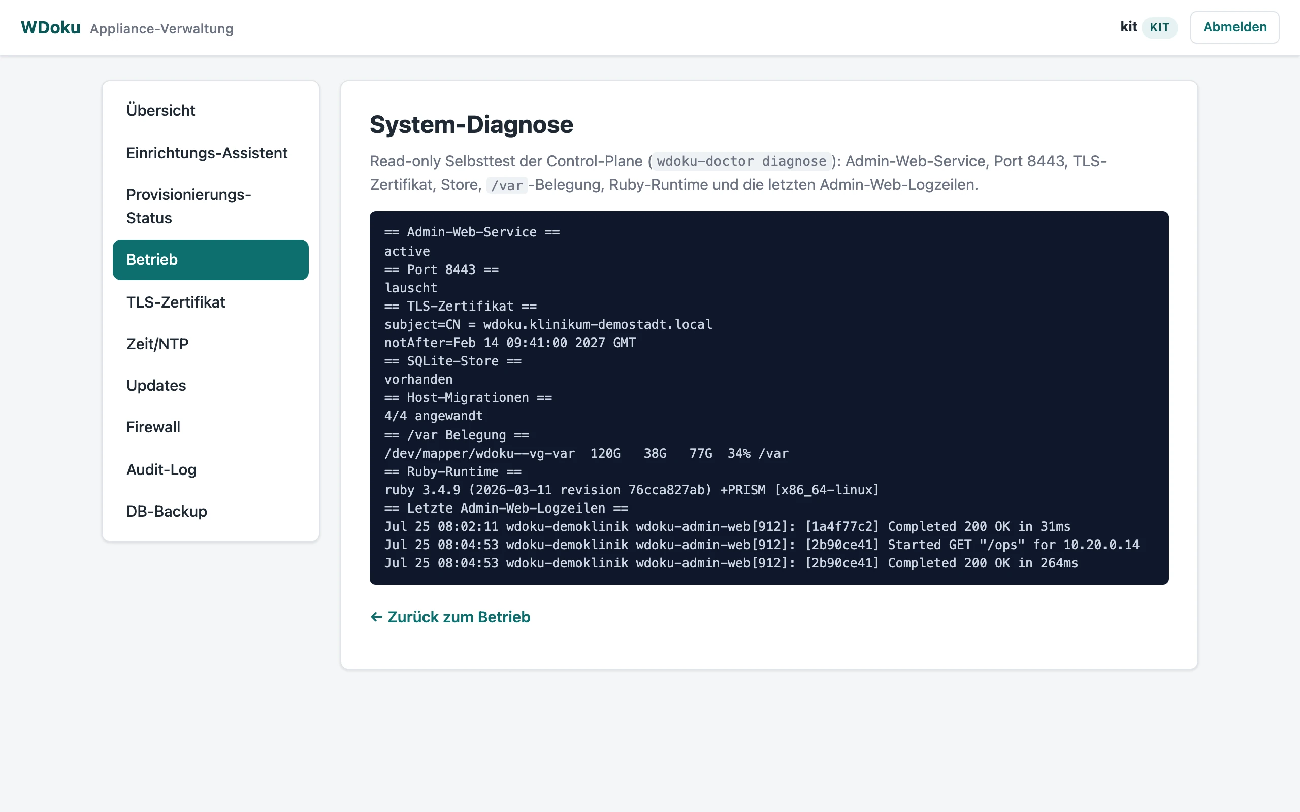 System-Diagnose im Admin-Web: Zustandsbericht zu Dienst, Port, TLS-Zertifikat, Store, Plattenbelegung und Laufzeitumgebung