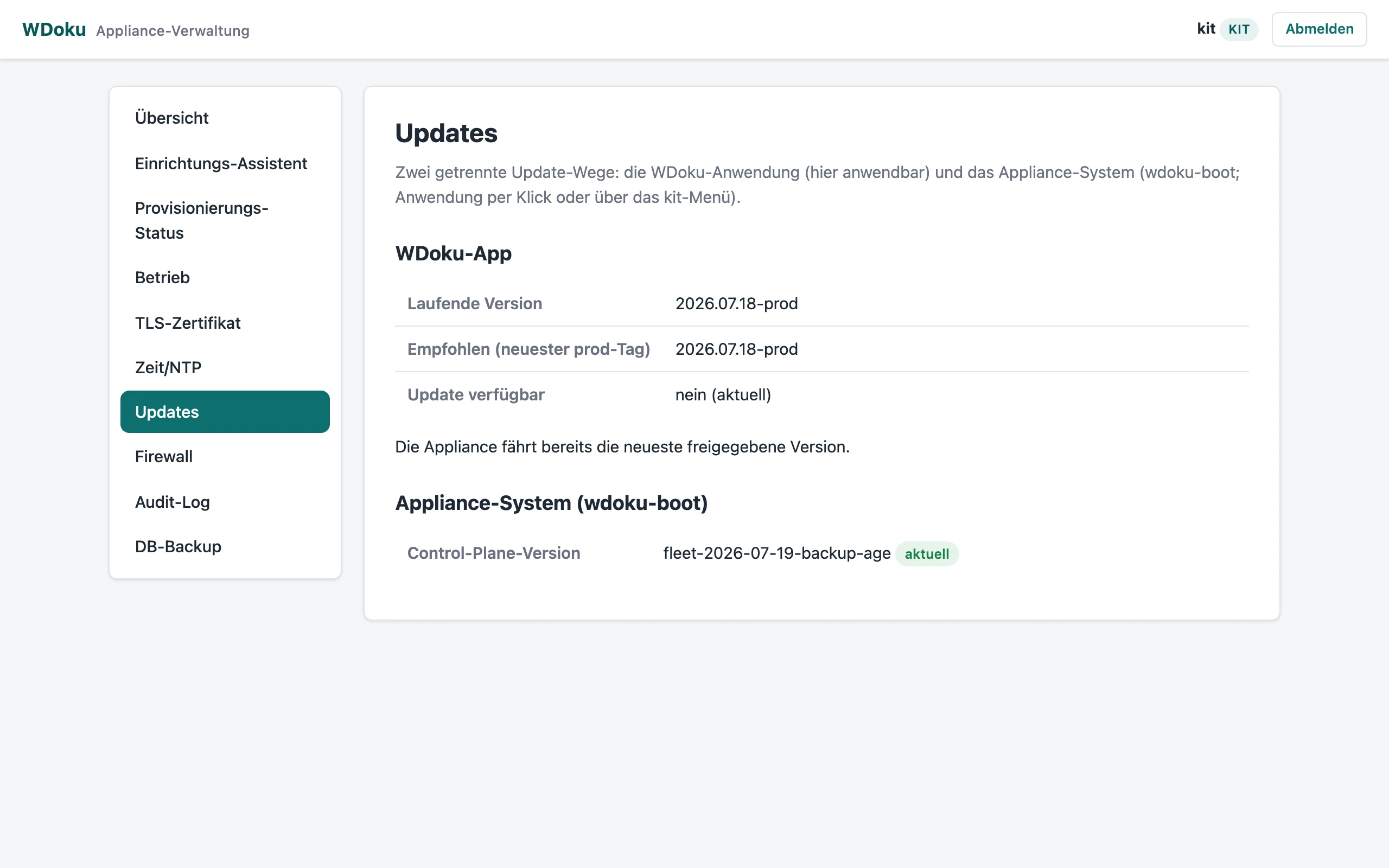 Update-Seite im Admin-Web: laufende und empfohlene Version der Anwendung sowie Stand der Appliance-Systemsoftware