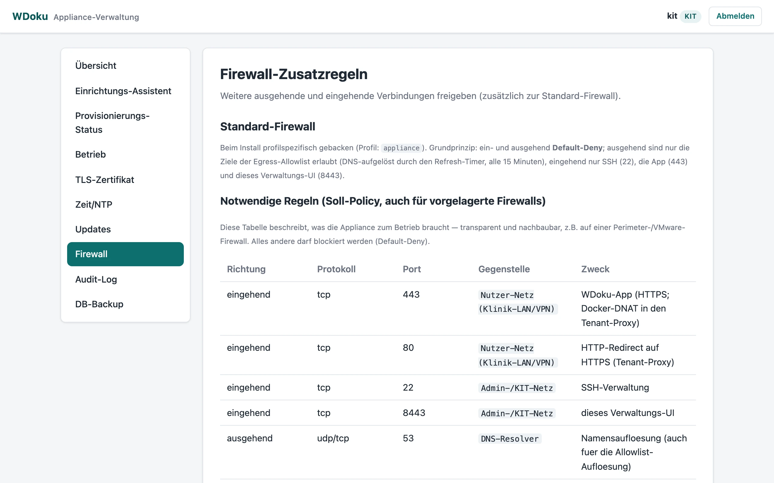 Firewall-Seite im Admin-Web: Standard-Firewall mit Egress-Allowlist, notwendige Regeln als Soll-Policy und eigene Zusatzregeln der Klinik