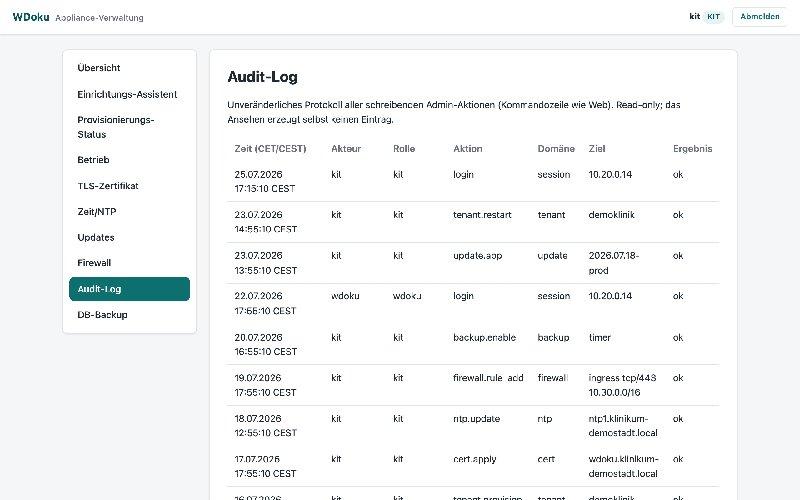 Audit-Log im Admin-Web: Tabelle mit Zeitpunkt, Akteur, Rolle, Aktion, Domäne, Ziel und Ergebnis