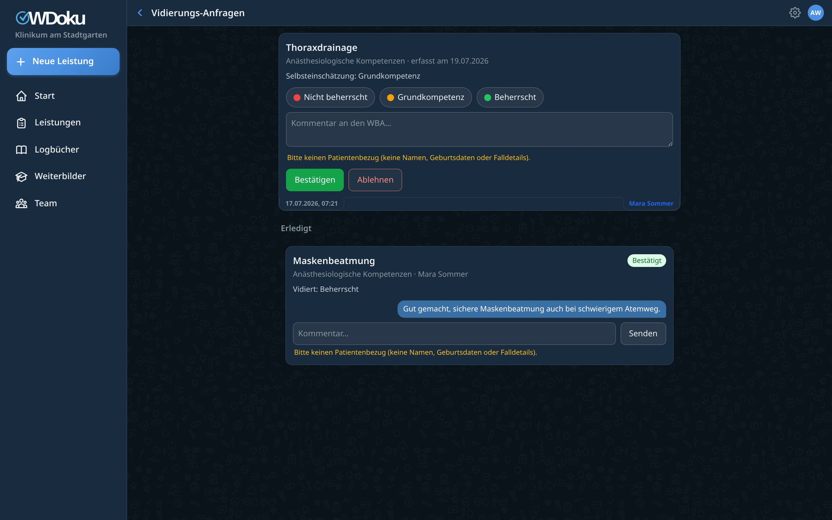 Vidierungs-Inbox: supervidierte Maßnahmen mit Stufe und Kommentar bestätigen