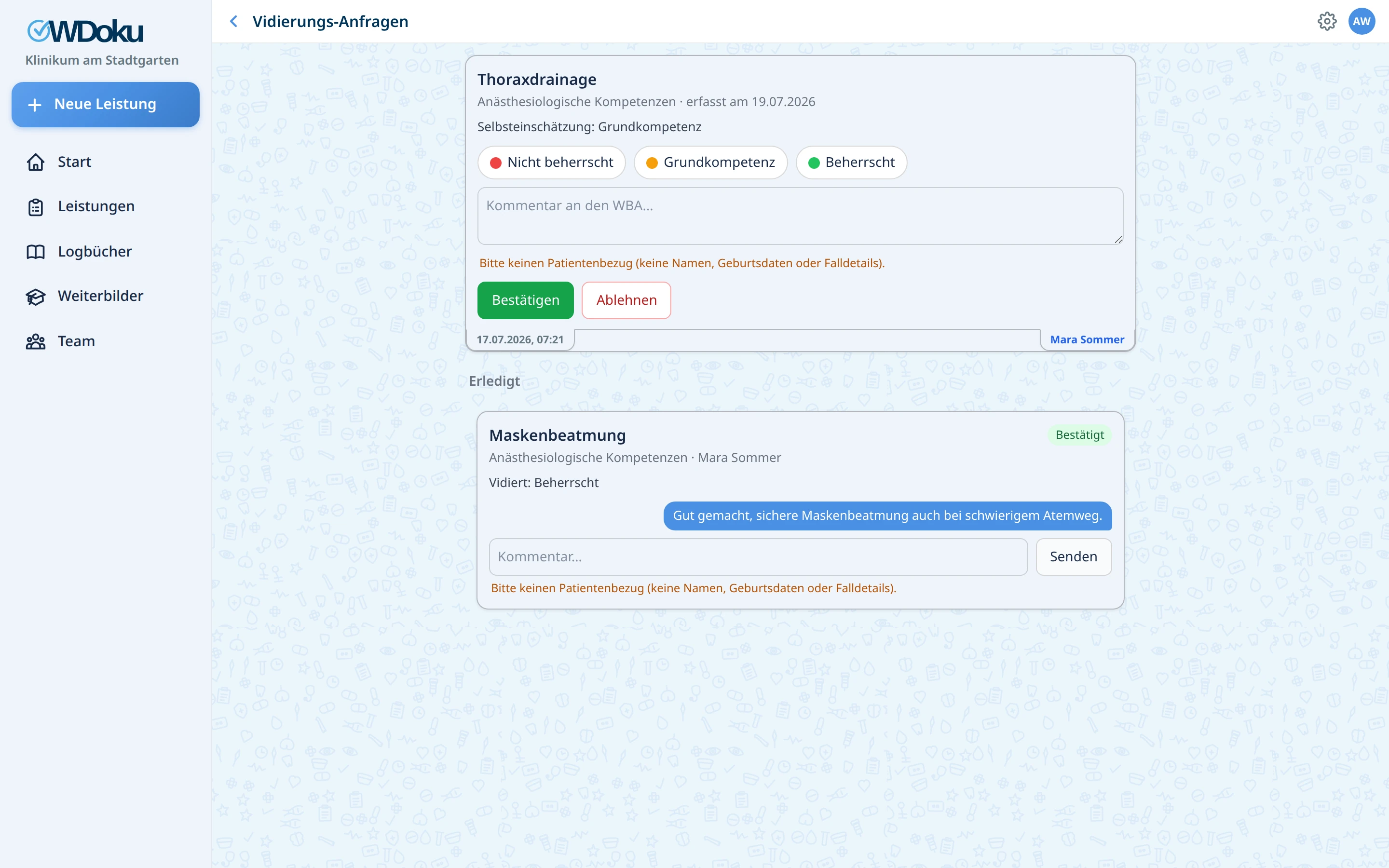 Vidierungs-Inbox: supervidierte Maßnahmen mit Stufe und Kommentar bestätigen